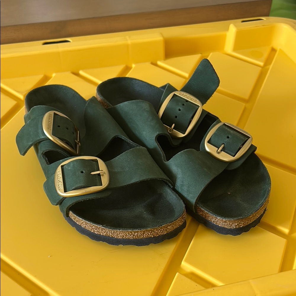 Birkenstock Big Buckle Green Sandals with Gold Buckles